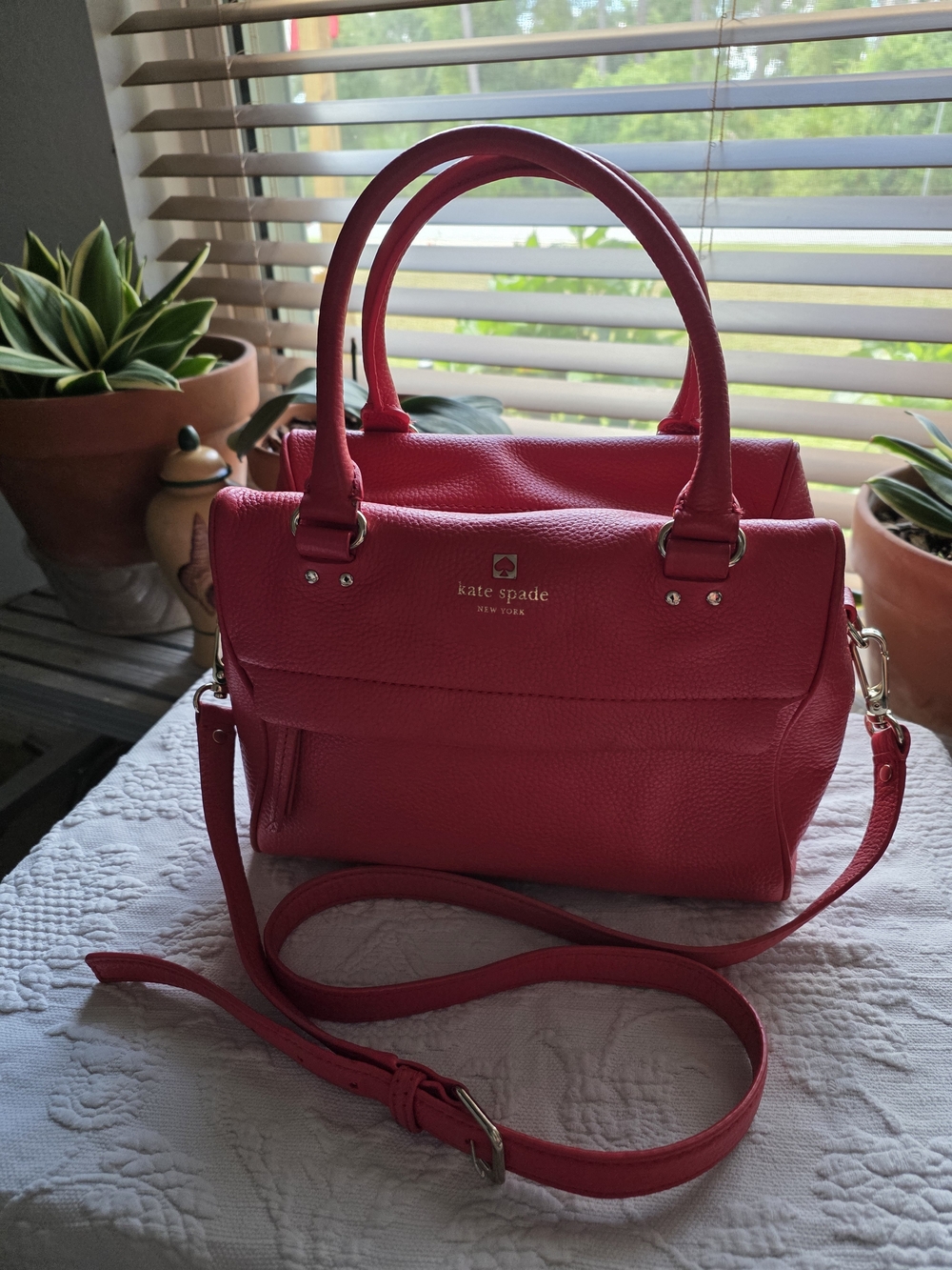 kate spade Red Pebbled Leather Satchel with Detachable Strap